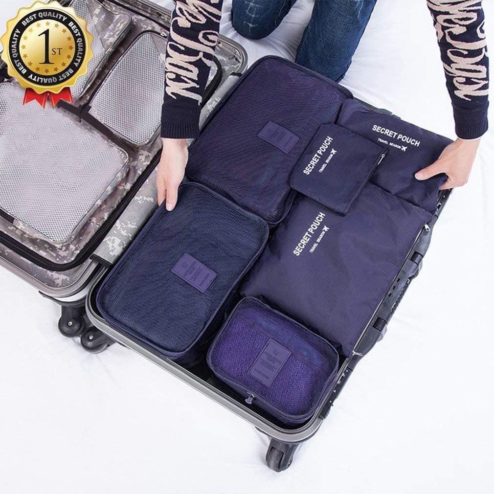 MOCOFO 6-Piece Travel Luggage Storage Bag Set - 3 Travel Storage Bags + 3 Small Clothing Organizers (Black)