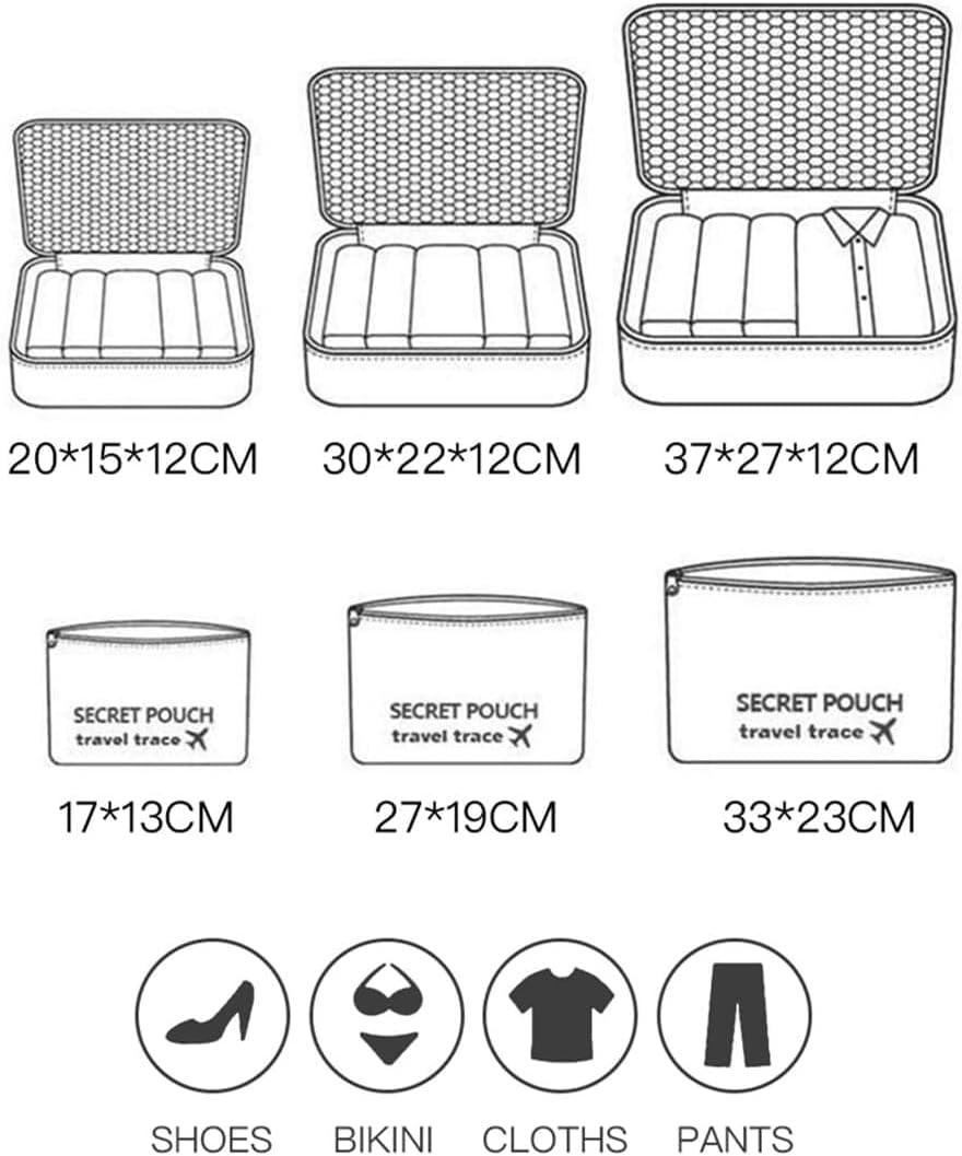 MOCOFO 6-Piece Travel Luggage Storage Bag Set - 3 Travel Storage Bags + 3 Small Clothing Organizers (Black)