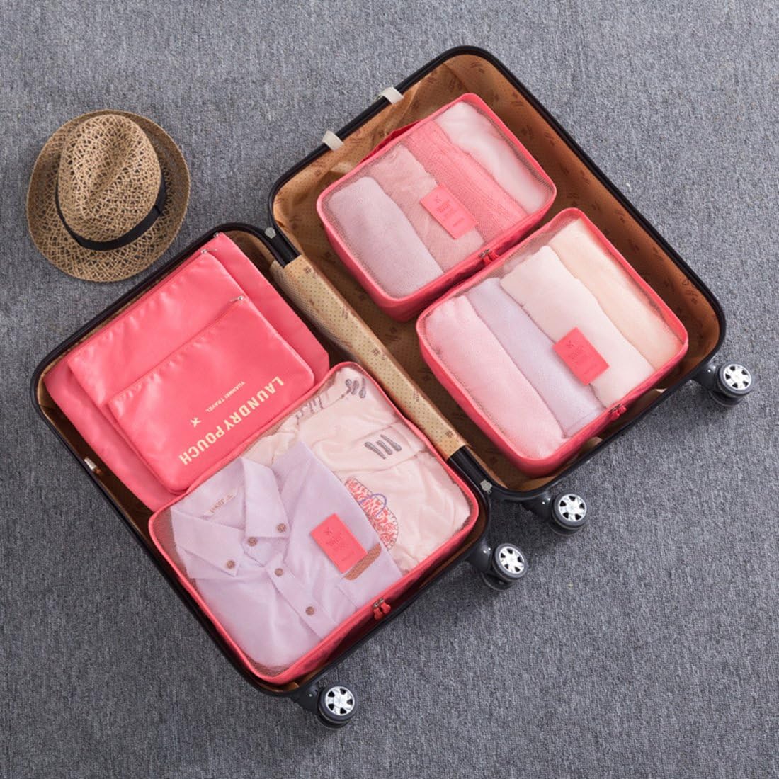 MOCOFO 6-Piece Travel Luggage Storage Bag Set - 3 Travel Storage Bags + 3 Small Clothing Organizers (Black)