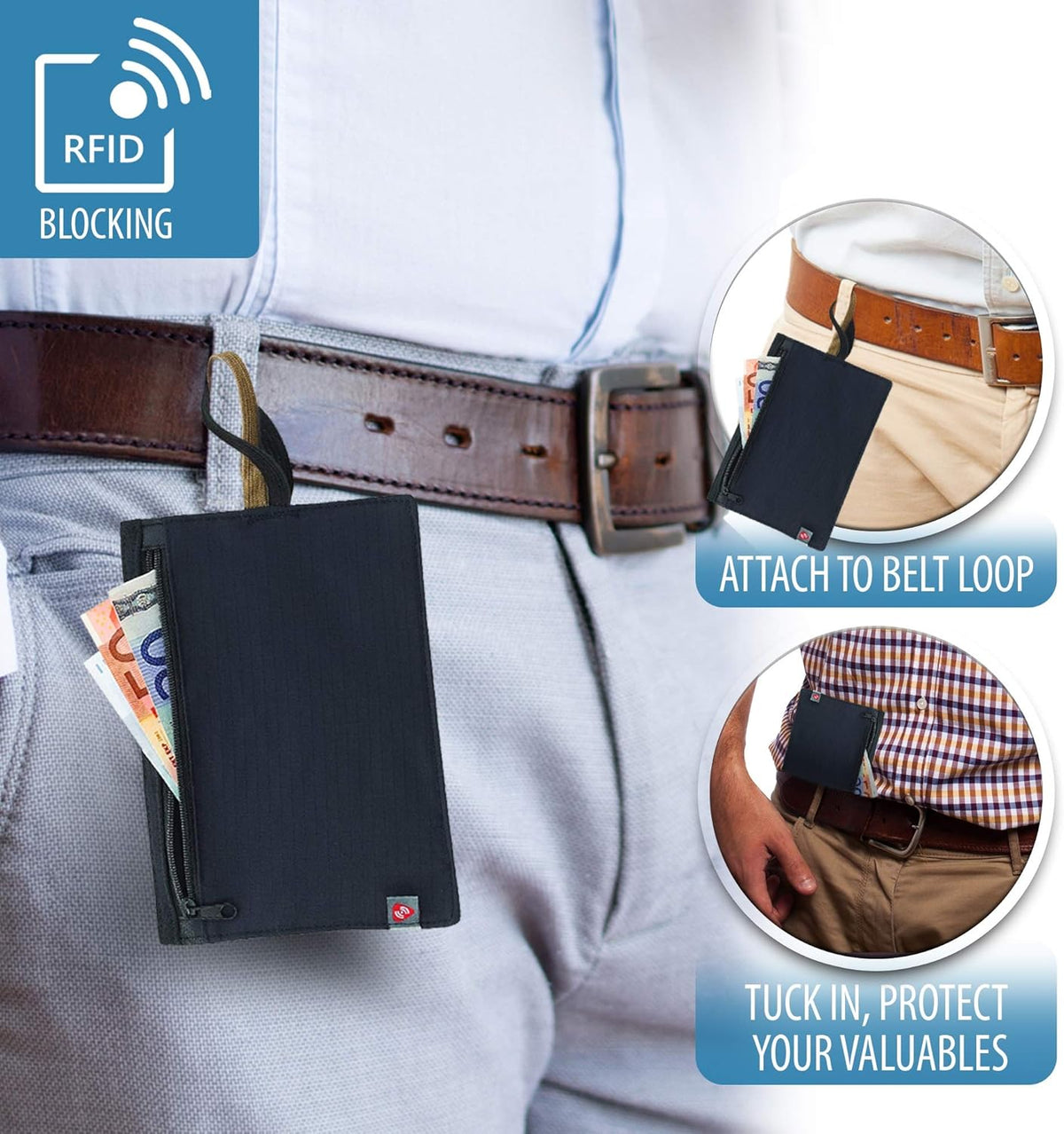 RFID Blocking Money Belt Travel Pouch + Credit Card, ID, Passport Holder for Women & Men, Tan, One Size