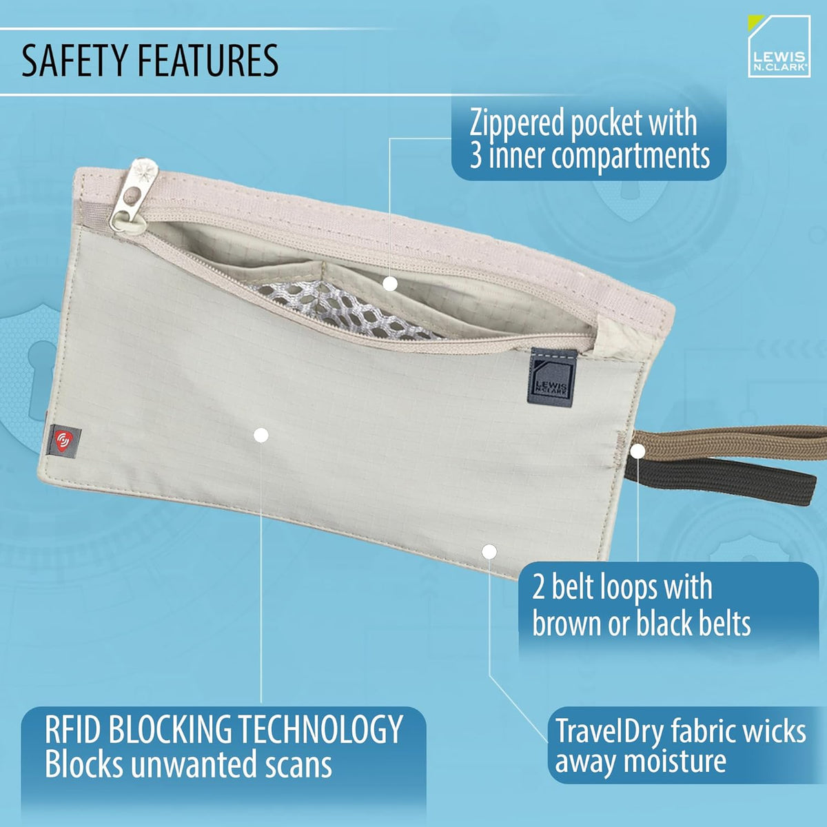 RFID Blocking Money Belt Travel Pouch + Credit Card, ID, Passport Holder for Women & Men, Tan, One Size