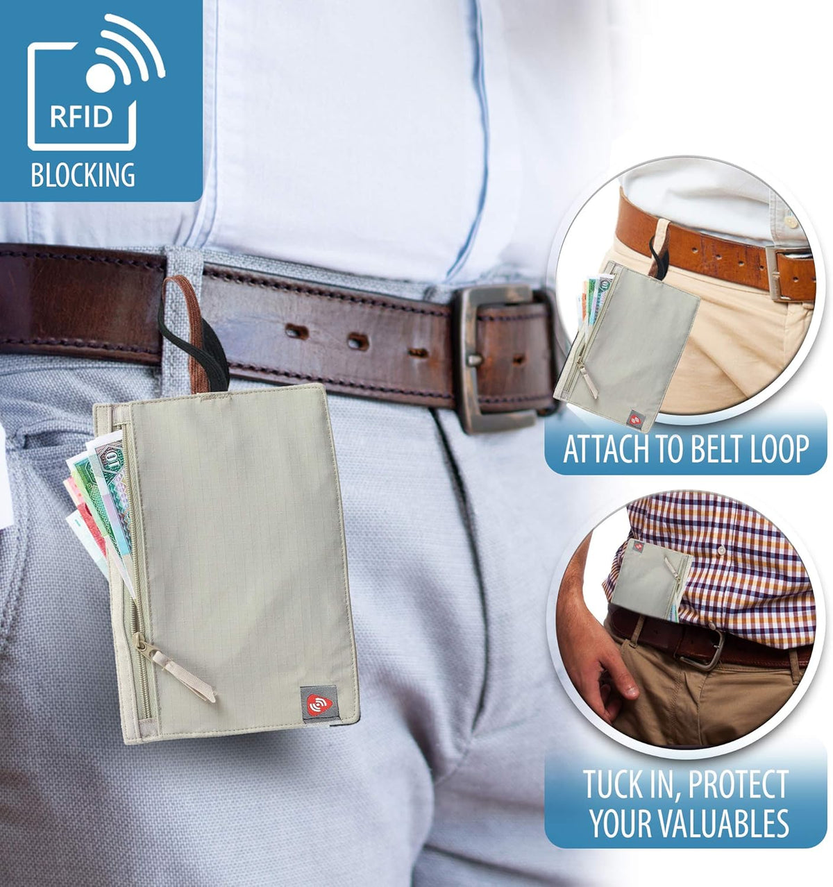 RFID Blocking Money Belt Travel Pouch + Credit Card, ID, Passport Holder for Women & Men, Tan, One Size