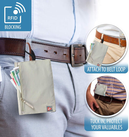 RFID Blocking Money Belt Travel Pouch + Credit Card, ID, Passport Holder for Women & Men, Tan, One Size