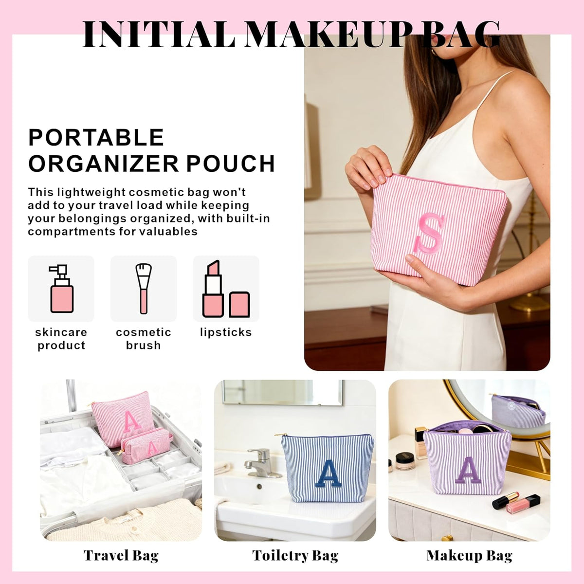 Birthday Gifts for Women - Initial Travel Makeup Bag for Women, Teen Girl Gifts Trendy Stuff, Birthday Gift for Women Girls Teen Girls, Pink Travel Makeup Bag - Letter A