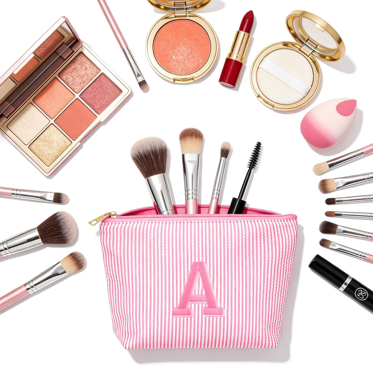 Birthday Gifts for Women - Initial Travel Makeup Bag for Women, Teen Girl Gifts Trendy Stuff, Birthday Gift for Women Girls Teen Girls, Pink Travel Makeup Bag - Letter A