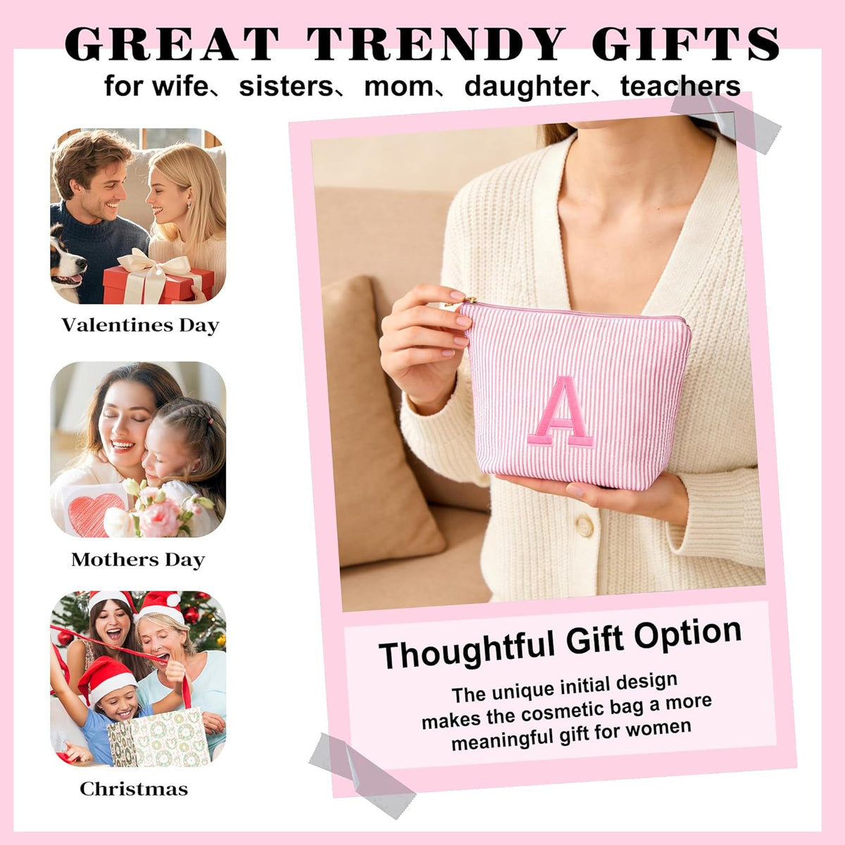 Birthday Gifts for Women - Initial Travel Makeup Bag for Women, Teen Girl Gifts Trendy Stuff, Birthday Gift for Women Girls Teen Girls, Pink Travel Makeup Bag - Letter A