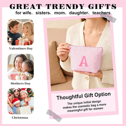 Birthday Gifts for Women - Initial Travel Makeup Bag for Women, Teen Girl Gifts Trendy Stuff, Birthday Gift for Women Girls Teen Girls, Pink Travel Makeup Bag - Letter A