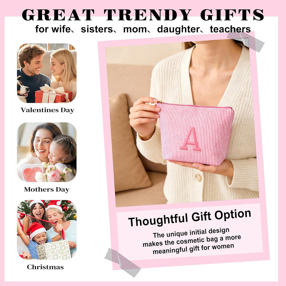 Birthday Gifts for Women - Initial Travel Makeup Bag for Women, Teen Girl Gifts Trendy Stuff, Birthday Gift for Women Girls Teen Girls, Pink Travel Makeup Bag - Letter A