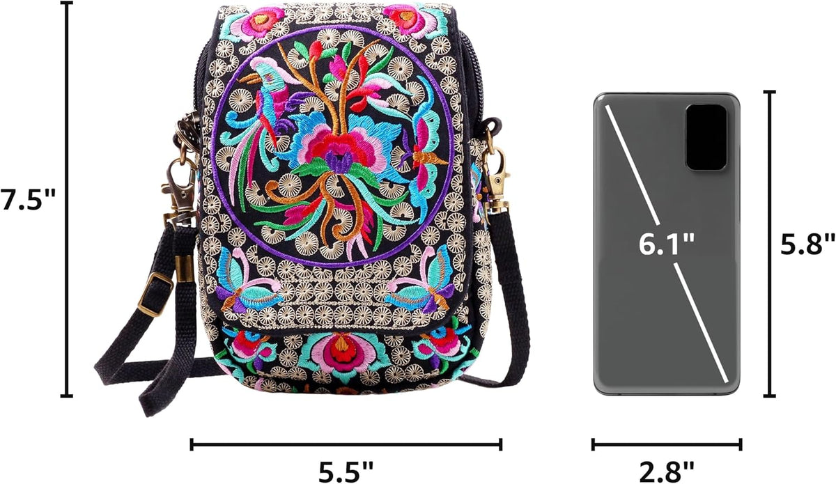Embroidered Cute Mini Crossbody Bag for Women Small Handbags Wristlet Wallet Bag Cell-phone Pouch Coin Purse