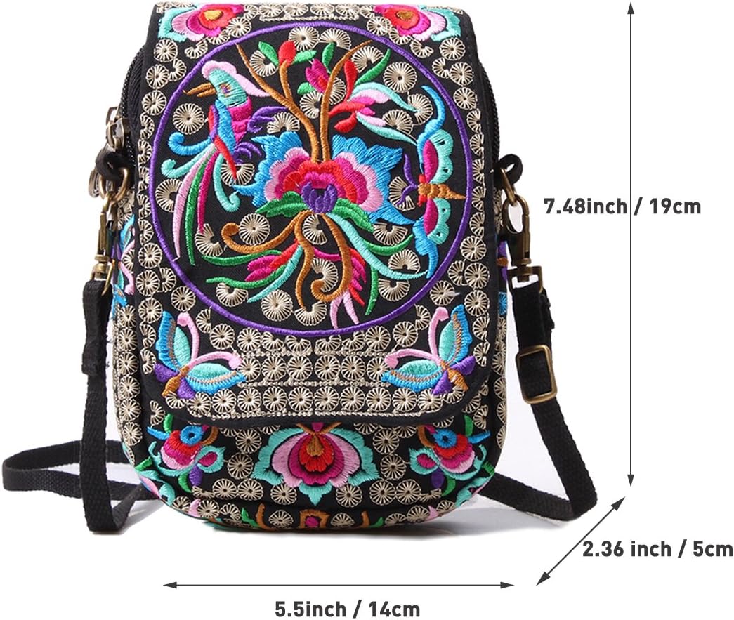 Embroidered Cute Mini Crossbody Bag for Women Small Handbags Wristlet Wallet Bag Cell-phone Pouch Coin Purse