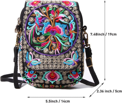 Embroidered Cute Mini Crossbody Bag for Women Small Handbags Wristlet Wallet Bag Cell-phone Pouch Coin Purse