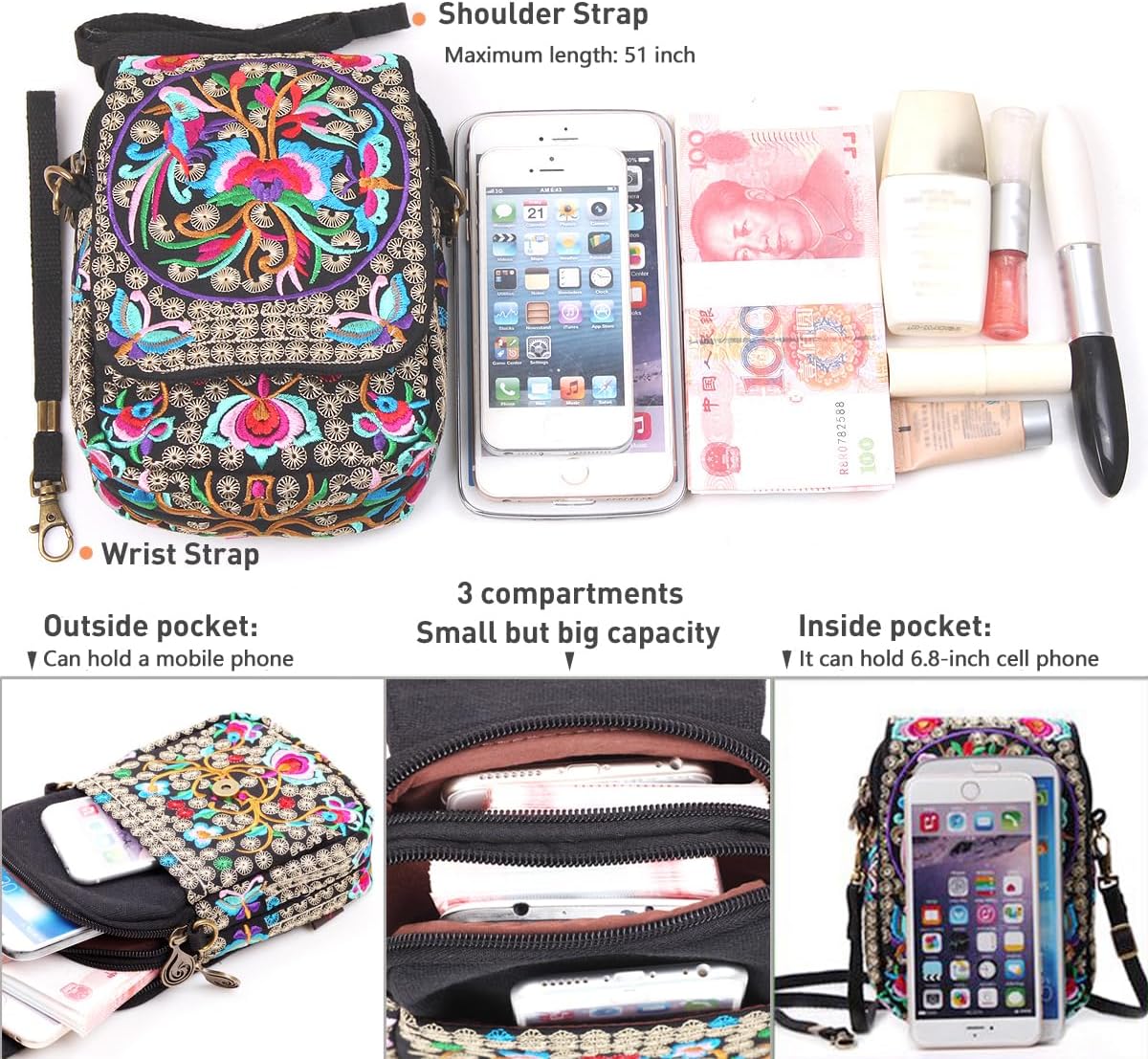 Embroidered Cute Mini Crossbody Bag for Women Small Handbags Wristlet Wallet Bag Cell-phone Pouch Coin Purse