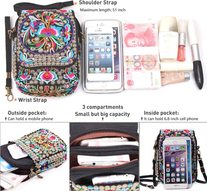 Embroidered Cute Mini Crossbody Bag for Women Small Handbags Wristlet Wallet Bag Cell-phone Pouch Coin Purse