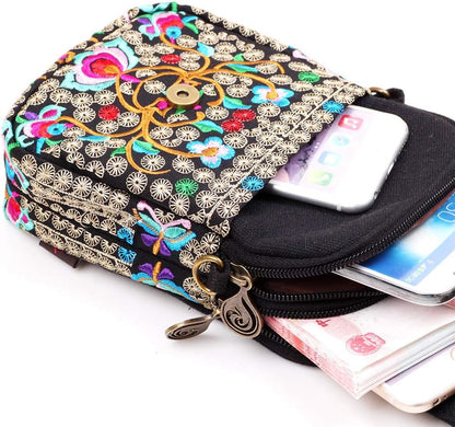 Embroidered Cute Mini Crossbody Bag for Women Small Handbags Wristlet Wallet Bag Cell-phone Pouch Coin Purse