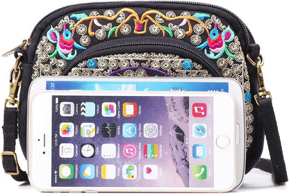 Embroidered Cute Mini Crossbody Bag for Women Small Handbags Wristlet Wallet Bag Cell-phone Pouch Coin Purse