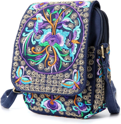 Embroidered Cute Mini Crossbody Bag for Women Small Handbags Wristlet Wallet Bag Cell-phone Pouch Coin Purse