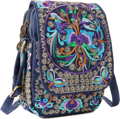 Embroidered Cute Mini Crossbody Bag for Women Small Handbags Wristlet Wallet Bag Cell-phone Pouch Coin Purse