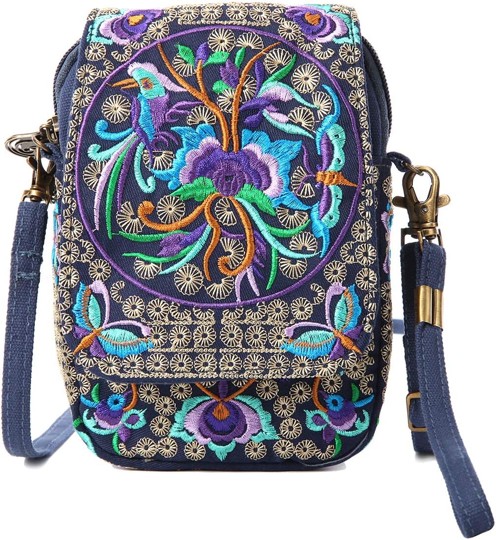 Embroidered Cute Mini Crossbody Bag for Women Small Handbags Wristlet Wallet Bag Cell-phone Pouch Coin Purse