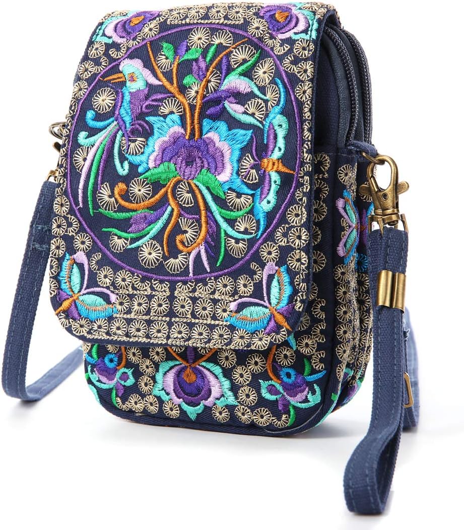Embroidered Cute Mini Crossbody Bag for Women Small Handbags Wristlet Wallet Bag Cell-phone Pouch Coin Purse