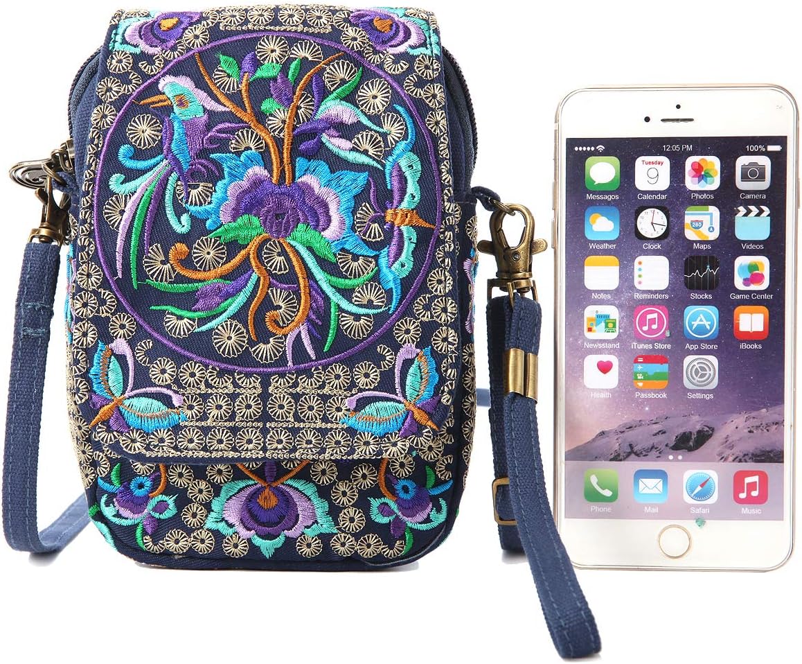Embroidered Cute Mini Crossbody Bag for Women Small Handbags Wristlet Wallet Bag Cell-phone Pouch Coin Purse
