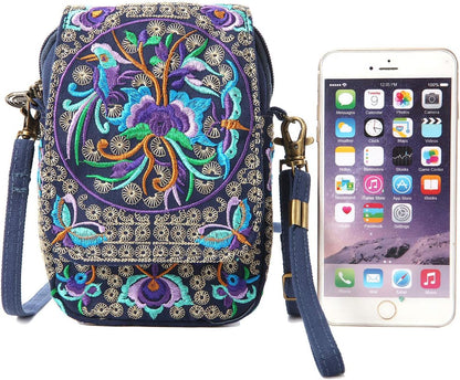 Embroidered Cute Mini Crossbody Bag for Women Small Handbags Wristlet Wallet Bag Cell-phone Pouch Coin Purse