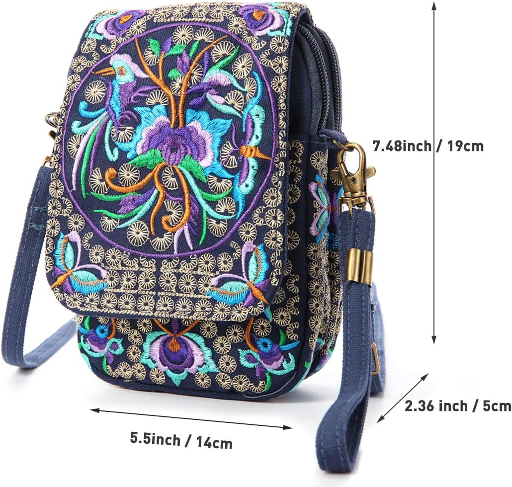 Embroidered Cute Mini Crossbody Bag for Women Small Handbags Wristlet Wallet Bag Cell-phone Pouch Coin Purse
