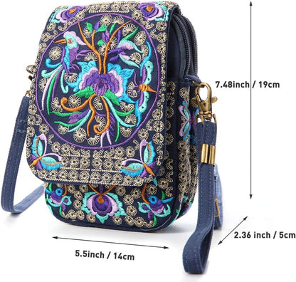 Embroidered Cute Mini Crossbody Bag for Women Small Handbags Wristlet Wallet Bag Cell-phone Pouch Coin Purse