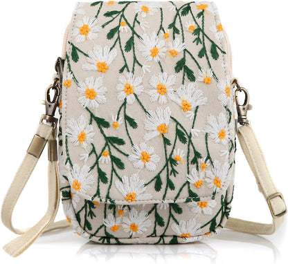 Embroidered Cute Mini Crossbody Bag for Women Small Handbags Wristlet Wallet Bag Cell-phone Pouch Coin Purse