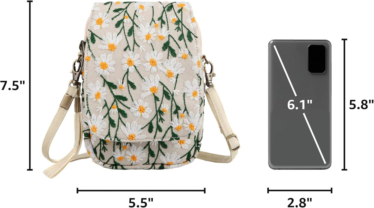 Embroidered Cute Mini Crossbody Bag for Women Small Handbags Wristlet Wallet Bag Cell-phone Pouch Coin Purse