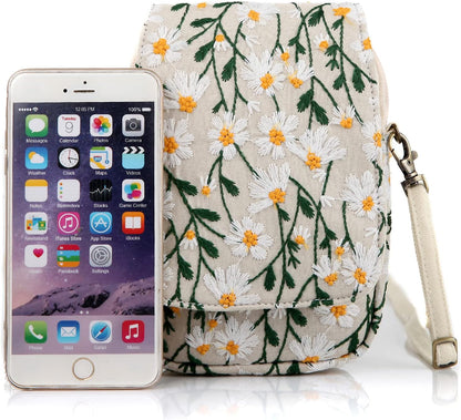 Embroidered Cute Mini Crossbody Bag for Women Small Handbags Wristlet Wallet Bag Cell-phone Pouch Coin Purse