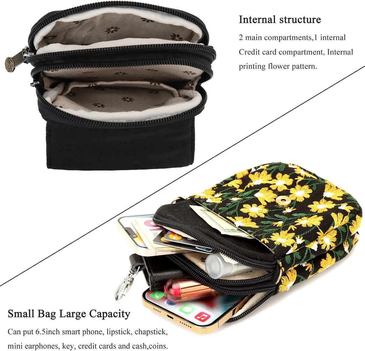 Embroidered Cute Mini Crossbody Bag for Women Small Handbags Wristlet Wallet Bag Cell-phone Pouch Coin Purse