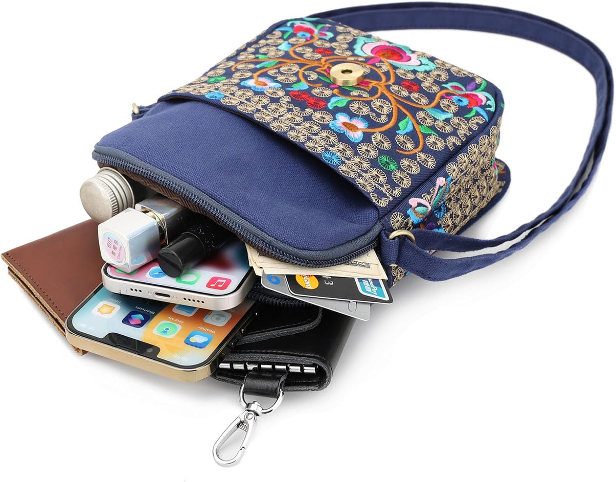 Embroidered Cute Mini Crossbody Bag for Women Small Handbags Wristlet Wallet Bag Cell-phone Pouch Coin Purse