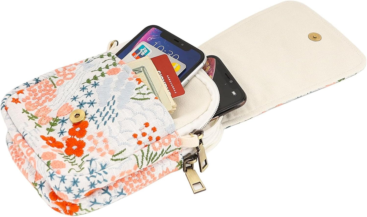 Embroidered Cute Mini Crossbody Bag for Women Small Handbags Wristlet Wallet Bag Cell-phone Pouch Coin Purse