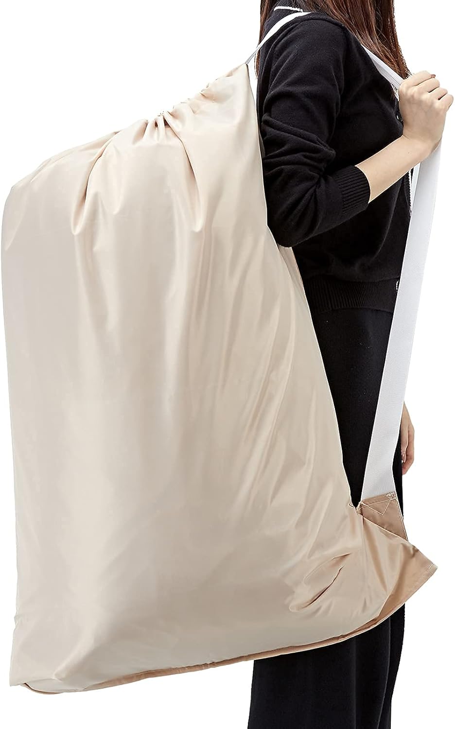 XL Nylon Laundry Bag with Strap, Large Dirty Clothes Organizer, Easy Fit a Laundry Hamper or Basket, Can Carry Up to 4 Loads of Laundry, Beige