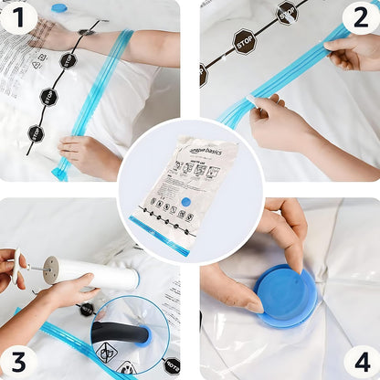 Vacuum Storage Bags, Compression Space Saving for Clothes and Linens, Reusable with Hand Pump, Large, Clear, 5-Pack