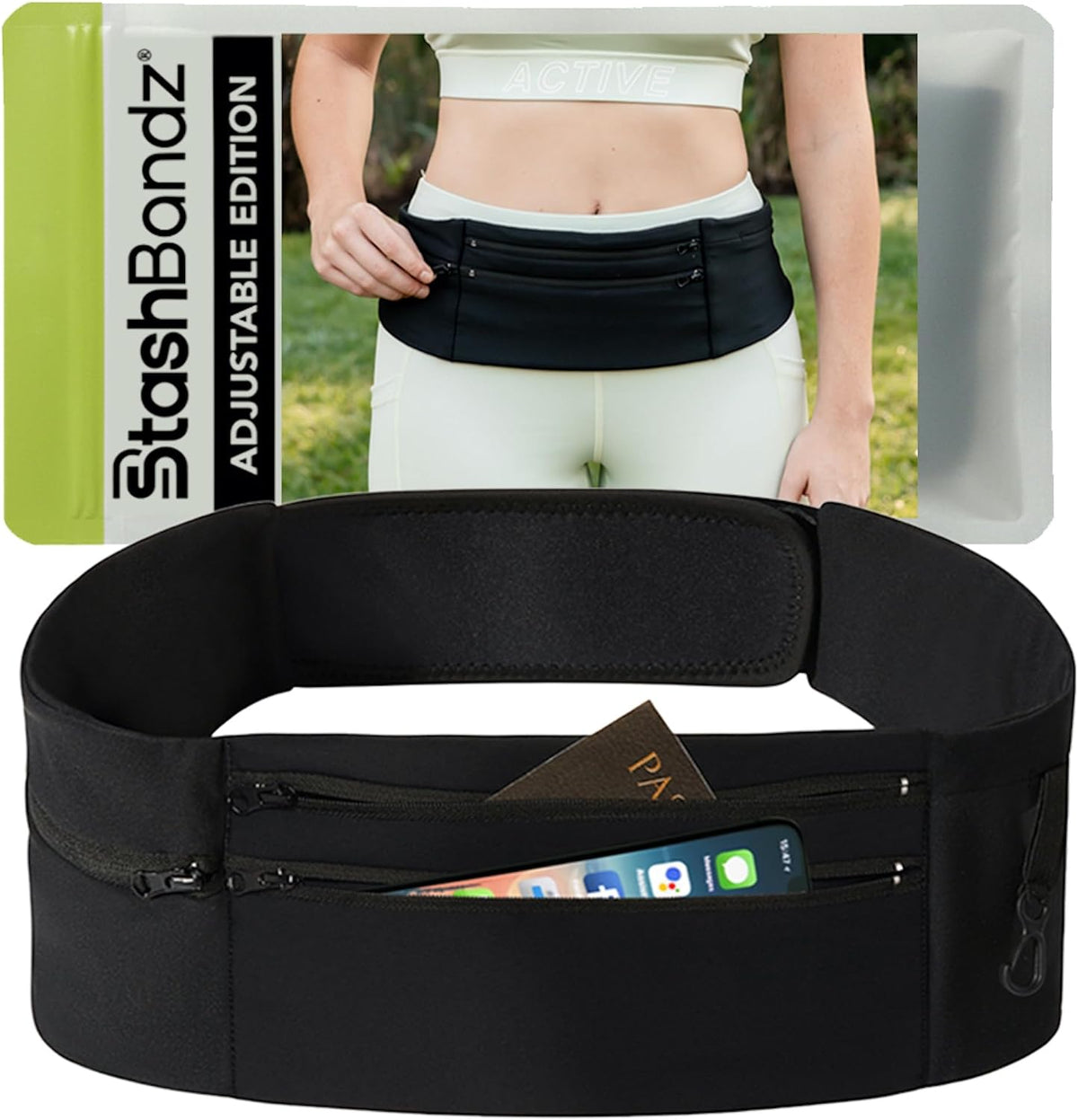 Adjustable Running Belt & Travel Money Belt - 3 Zippered Pockets (1 Waterproof), Water Bottle Holder, No-Bounce Fanny Pack with Key Clip, Fits Phone, Passport & More, Black, Medium