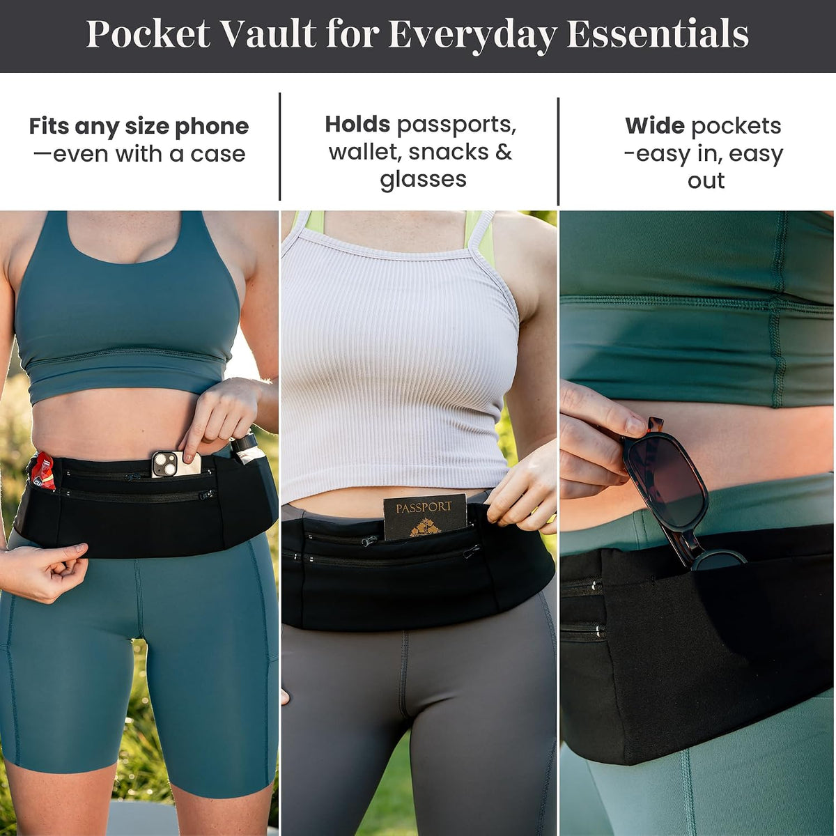 Adjustable Running Belt & Travel Money Belt - 3 Zippered Pockets (1 Waterproof), Water Bottle Holder, No-Bounce Fanny Pack with Key Clip, Fits Phone, Passport & More, Black, Medium