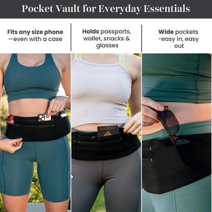 Adjustable Running Belt & Travel Money Belt - 3 Zippered Pockets (1 Waterproof), Water Bottle Holder, No-Bounce Fanny Pack with Key Clip, Fits Phone, Passport & More, Black, Medium