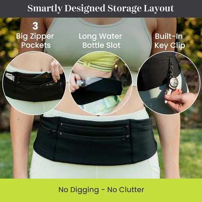 Adjustable Running Belt & Travel Money Belt - 3 Zippered Pockets (1 Waterproof), Water Bottle Holder, No-Bounce Fanny Pack with Key Clip, Fits Phone, Passport & More, Black, Medium