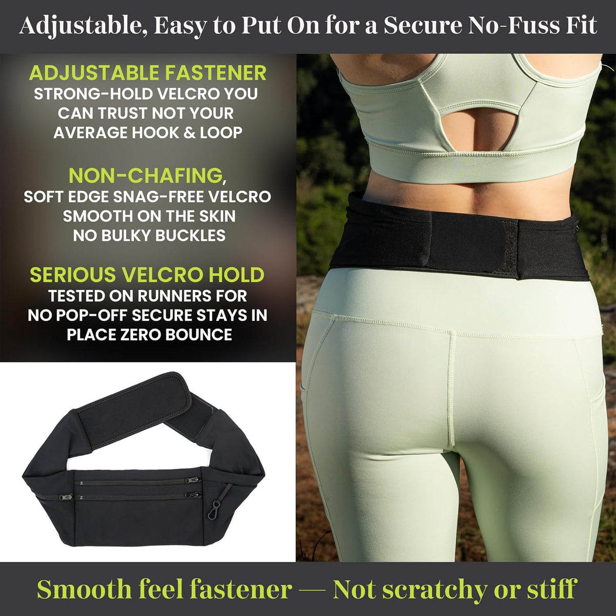 Adjustable Running Belt & Travel Money Belt - 3 Zippered Pockets (1 Waterproof), Water Bottle Holder, No-Bounce Fanny Pack with Key Clip, Fits Phone, Passport & More, Black, Medium