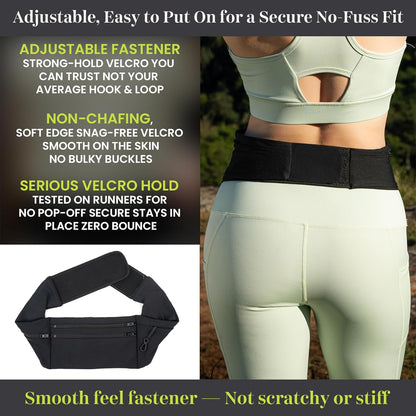 Adjustable Running Belt & Travel Money Belt - 3 Zippered Pockets (1 Waterproof), Water Bottle Holder, No-Bounce Fanny Pack with Key Clip, Fits Phone, Passport & More, Black, Medium