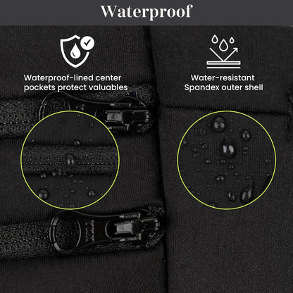 Adjustable Running Belt & Travel Money Belt - 3 Zippered Pockets (1 Waterproof), Water Bottle Holder, No-Bounce Fanny Pack with Key Clip, Fits Phone, Passport & More, Black, Medium