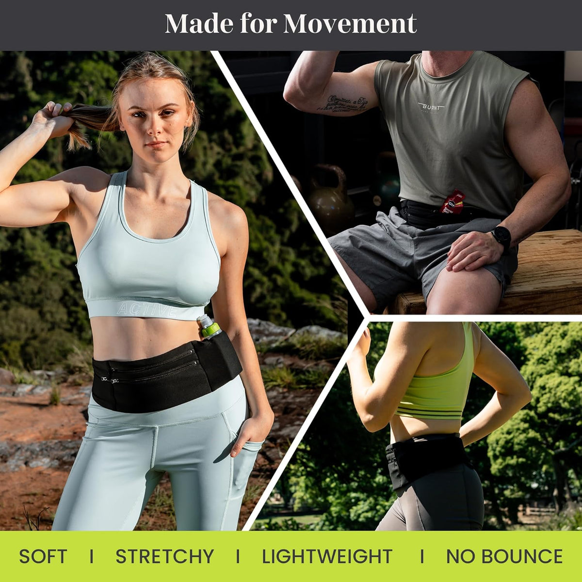 Adjustable Running Belt & Travel Money Belt - 3 Zippered Pockets (1 Waterproof), Water Bottle Holder, No-Bounce Fanny Pack with Key Clip, Fits Phone, Passport & More, Black, Medium