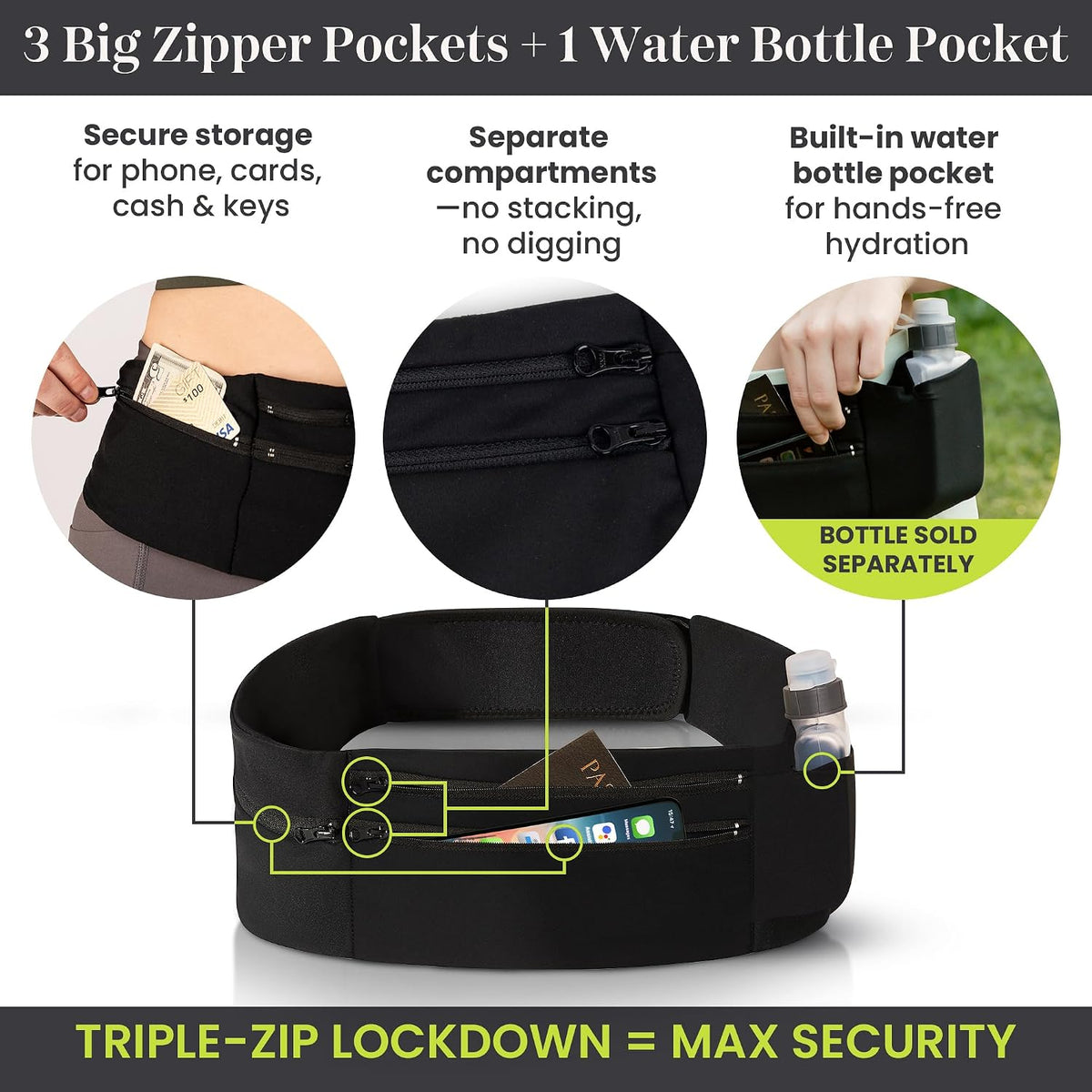 Adjustable Running Belt & Travel Money Belt - 3 Zippered Pockets (1 Waterproof), Water Bottle Holder, No-Bounce Fanny Pack with Key Clip, Fits Phone, Passport & More, Black, Medium