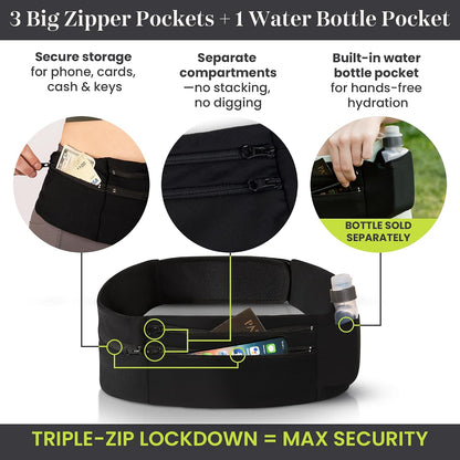 Adjustable Running Belt & Travel Money Belt - 3 Zippered Pockets (1 Waterproof), Water Bottle Holder, No-Bounce Fanny Pack with Key Clip, Fits Phone, Passport & More, Black, Medium