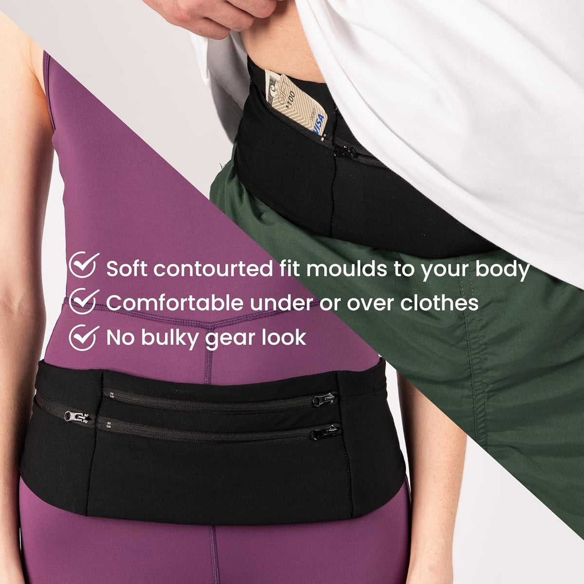 Adjustable Running Belt & Travel Money Belt - 3 Zippered Pockets (1 Waterproof), Water Bottle Holder, No-Bounce Fanny Pack with Key Clip, Fits Phone, Passport & More, Black, Medium