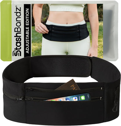 Adjustable Running Belt & Travel Money Belt - 3 Zippered Pockets (1 Waterproof), Water Bottle Holder, No-Bounce Fanny Pack with Key Clip, Fits Phone, Passport & More, Black, Medium