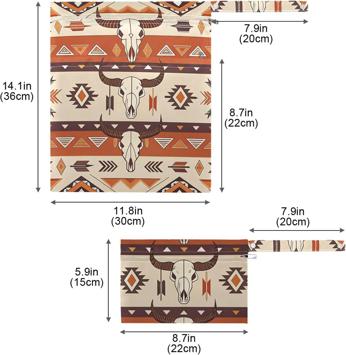Western Aztec Wet Dry Bags for Baby Cloth Diaper 2 Pack, Waterproof Reusable Wet Bag with 2 Zippered Pockets for Travel Swimsuit Gym Clothes Toiletries Stroller