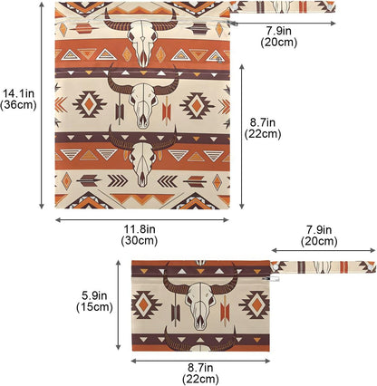 Western Aztec Wet Dry Bags for Baby Cloth Diaper 2 Pack, Waterproof Reusable Wet Bag with 2 Zippered Pockets for Travel Swimsuit Gym Clothes Toiletries Stroller