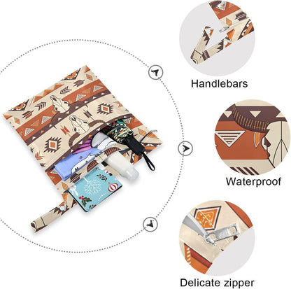Western Aztec Wet Dry Bags for Baby Cloth Diaper 2 Pack, Waterproof Reusable Wet Bag with 2 Zippered Pockets for Travel Swimsuit Gym Clothes Toiletries Stroller